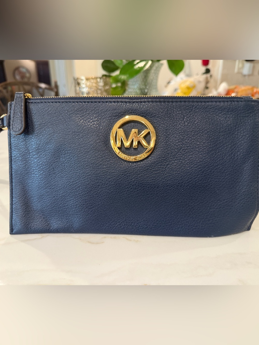 Michael Kors Navy Leather Wristlet with Gold Logo